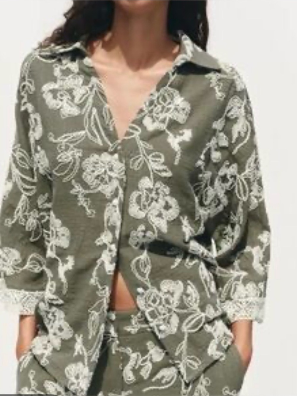 Zara Olive Embroidered Cropped Button-Down Shirt